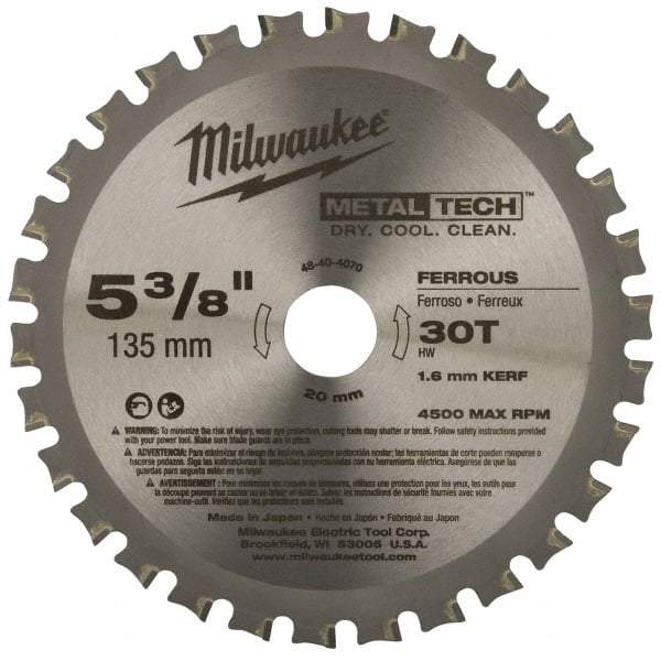 Milwaukee Tool - 5-3/8" Diam, 20mm Arbor Hole Diam, 30 Tooth Wet & Dry Cut Saw Blade - Carbide-Tipped, Standard Round Arbor - USA Tool & Supply