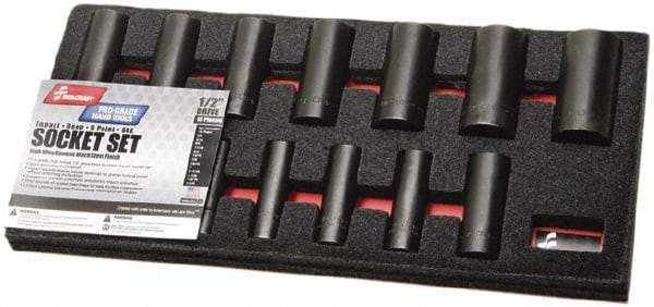 Ability One - 13 Piece 1/2" Drive Deep Well Impact Socket Set - 6 Points, 1/8" to 1-1/4" Range, Inch Measurement Standard - USA Tool & Supply