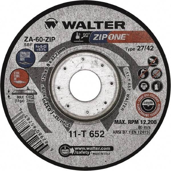WALTER Surface Technologies - 60 Grit, 4-1/2" Wheel Diam, 1/32" Wheel Thickness, 7/8" Arbor Hole, Type 27 Depressed Center Wheel - Zirconia Alumina, Resinoid Bond, 13,300 Max RPM - USA Tool & Supply