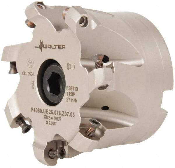 Walter - 4" Cut Diam, 1-1/2" Arbor Hole, 4mm Max Depth of Cut, 43° Indexable Chamfer & Angle Face Mill - 7 Inserts, ODM. 0605.., ODH. 0605.. Insert, Series F4080 - USA Tool & Supply