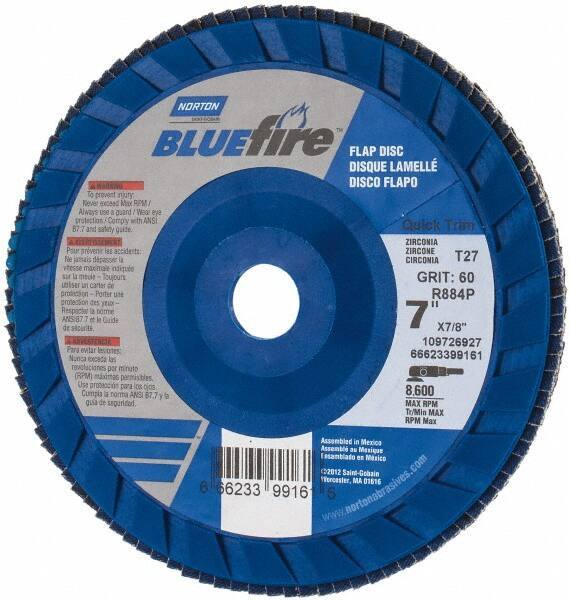 Norton - 60 Grit, 7" Disc Diam, 7/8" Center Hole, Type 27 Zirconia Alumina Flap Disc - 8,600 Max RPM, Fiberglass Backing, Arbor Attaching System, Coated - USA Tool & Supply