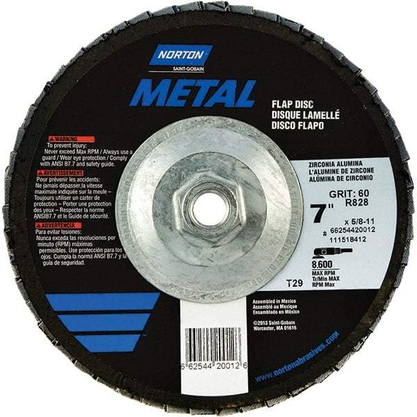 Norton - 80 Grit, 7" Disc Diam, 5/8-11 Center Hole, Type 29 Zirconia Alumina Flap Disc - 8,600 Max RPM, Fiberglass Backing, Arbor Attaching System, Coated - USA Tool & Supply