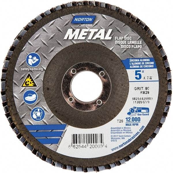 Norton - 80 Grit, 5" Disc Diam, 7/8" Center Hole, Type 29 Zirconia Alumina Flap Disc - 12,000 Max RPM, Fiberglass Backing, Arbor Attaching System, Coated - USA Tool & Supply