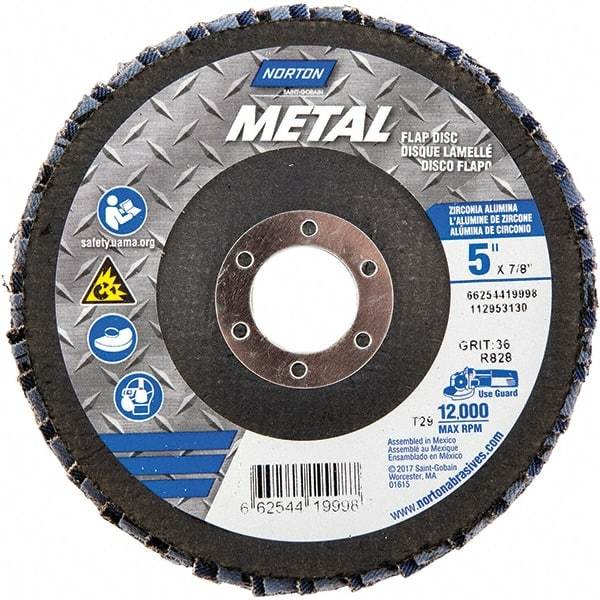 Norton - 36 Grit, 5" Disc Diam, 7/8" Center Hole, Type 29 Zirconia Alumina Flap Disc - 12,000 Max RPM, Fiberglass Backing, Arbor Attaching System, Coated - USA Tool & Supply