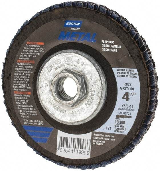 Norton - 60 Grit, 4-1/2" Disc Diam, 5/8-11 Center Hole, Type 29 Zirconia Alumina Flap Disc - 13,300 Max RPM, Fiberglass Backing, Arbor Attaching System, Coated - USA Tool & Supply