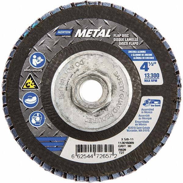 Norton - 80 Grit, 4-1/2" Disc Diam, 5/8-11 Center Hole, Type 27 Zirconia Alumina Flap Disc - 13,300 Max RPM, Fiberglass Backing, Arbor Attaching System, Coated - USA Tool & Supply
