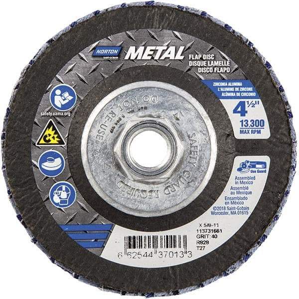 Norton - 40 Grit, 4-1/2" Disc Diam, 5/8-11 Center Hole, Type 27 Zirconia Alumina Flap Disc - 13,300 Max RPM, Fiberglass Backing, Arbor Attaching System, Coated - USA Tool & Supply