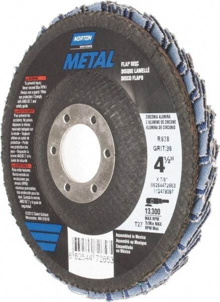 Norton - 36 Grit, 4-1/2" Disc Diam, 7/8" Center Hole, Type 27 Zirconia Alumina Flap Disc - 13,300 Max RPM, Fiberglass Backing, Arbor Attaching System, Coated - USA Tool & Supply