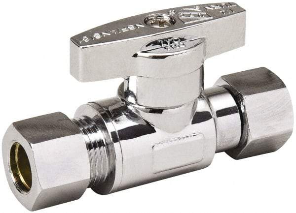 Value Collection - Female Compression 3/8 Inlet, 125 Max psi, Chrome Finish, Brass Water Supply Stop Valve - 3/8 Compression Outlet, Straight, Chrome Handle, For Use with Any Water Supply Shut Off Application - USA Tool & Supply