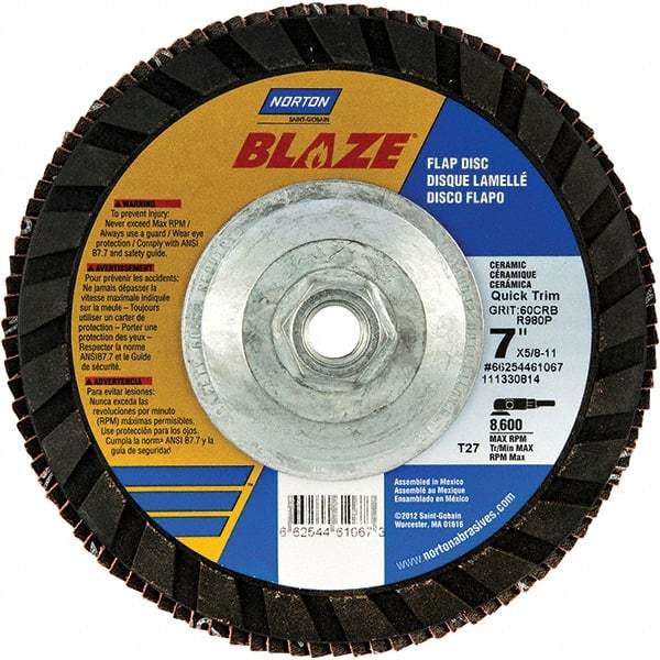 Norton - 120 Grit, 7" Disc Diam, 5/8-11 Center Hole, Type 27 Ceramic Alumina Flap Disc - 8,600 Max RPM, Polyester Backing, Arbor Attaching System, Coated - USA Tool & Supply