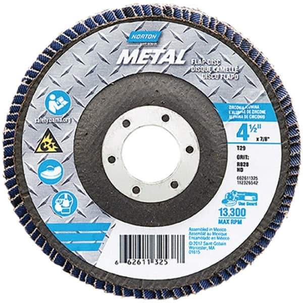 Norton - 80 Grit, 4-1/2" Disc Diam, 7/8" Center Hole, Type 29 Zirconia Alumina Flap Disc - 13,300 Max RPM, Fiberglass Backing, Arbor Attaching System, Coated - USA Tool & Supply