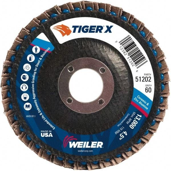 Weiler - 251 Grit, 4-1/2" Disc Diam, 7/8" Center Hole, Type 29 Zirconia Alumina Flap Disc - 13,000 Max RPM, Phenolic Backing, Arbor Attaching System, Coated - USA Tool & Supply