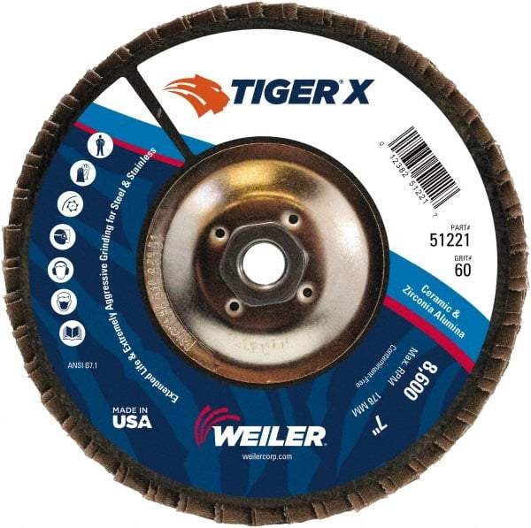 Weiler - 60 Grit, 7" Disc Diam, 5/8-11 Center Hole, Type 29 Zirconia Alumina Flap Disc - 8,600 Max RPM, Phenolic Backing, Arbor Attaching System, Coated - USA Tool & Supply