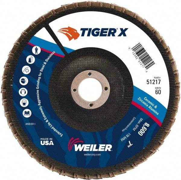 Weiler - 60 Grit, 7" Disc Diam, 7/8" Center Hole, Type 29 Zirconia Alumina Flap Disc - 8,600 Max RPM, Phenolic Backing, Arbor Attaching System, Coated - USA Tool & Supply