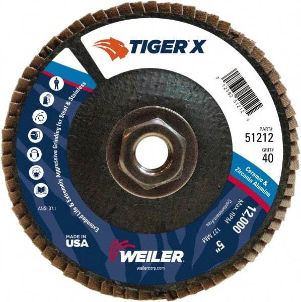 Weiler - 426 Grit, 5" Disc Diam, 5/8-11 Center Hole, Type 29 Zirconia Alumina Flap Disc - 12,000 Max RPM, Phenolic Backing, Arbor Attaching System, Coated - USA Tool & Supply