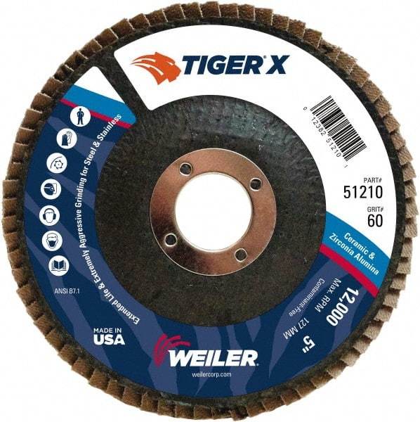 Weiler - 251 Grit, 5" Disc Diam, 7/8" Center Hole, Type 29 Zirconia Alumina Flap Disc - 12,000 Max RPM, Phenolic Backing, Arbor Attaching System, Coated - USA Tool & Supply