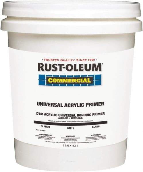 Rust-Oleum - 5 Gal White Water-Based Acrylic Enamel Primer - 350 to 450 Sq Ft Coverage, <100 gL Content, Quick Drying, Interior/Exterior - USA Tool & Supply