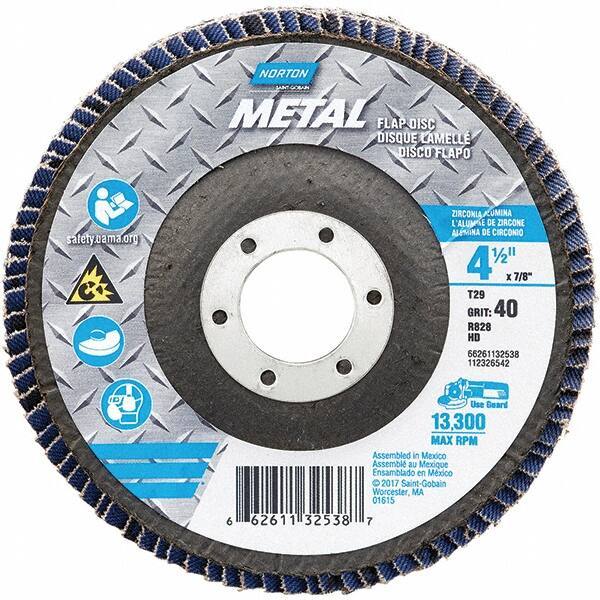 Norton - 40 Grit, 4-1/2" Disc Diam, 7/8" Center Hole, Type 29 Zirconia Alumina Flap Disc - 13,300 Max RPM, Fiberglass Backing, Arbor Attaching System, Coated - USA Tool & Supply