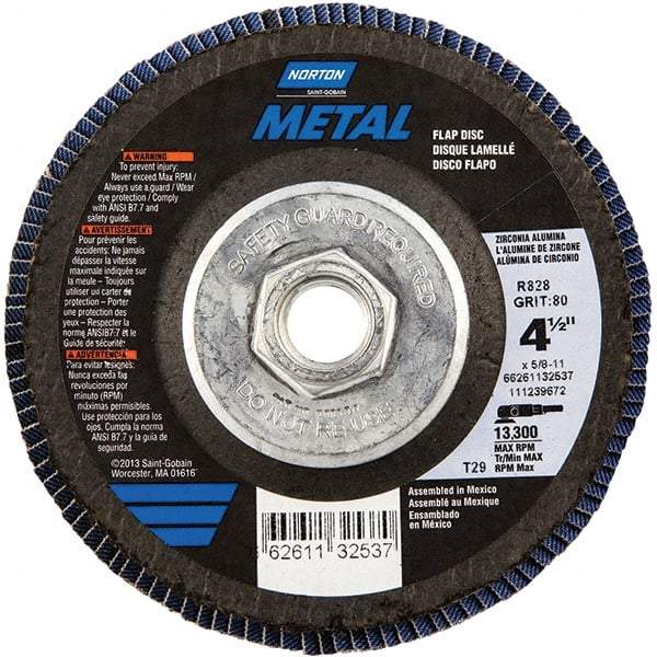 Norton - 80 Grit, 4-1/2" Disc Diam, 5/8-11 Center Hole, Type 29 Zirconia Alumina Flap Disc - 13,300 Max RPM, Fiberglass Backing, Arbor Attaching System, Coated - USA Tool & Supply