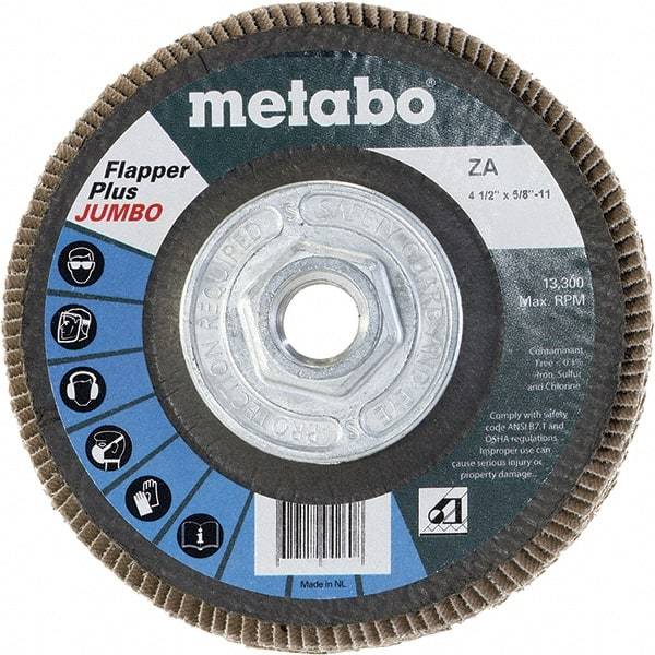 Metabo - 60 Grit, 4-1/2" Disc Diam, 5/8-11 Center Hole, Type 27 Zirconia Alumina Flap Disc - 13,300 Max RPM, Fiberglass Backing, Arbor Attaching System, Coated - USA Tool & Supply