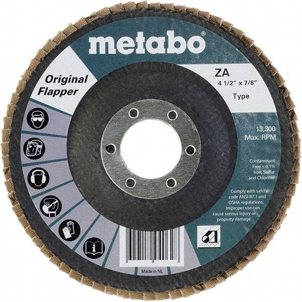 Metabo - 60 Grit, 4-1/2" Disc Diam, 7/8" Center Hole, Type 29 Zirconia Alumina Flap Disc - 13,300 Max RPM, Fiberglass Backing, Arbor Attaching System, Coated - USA Tool & Supply