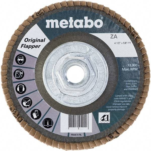Metabo - 60 Grit, 4-1/2" Disc Diam, 5/8-11 Center Hole, Type 29 Zirconia Alumina Flap Disc - 13,300 Max RPM, Fiberglass Backing, Arbor Attaching System, Coated - USA Tool & Supply