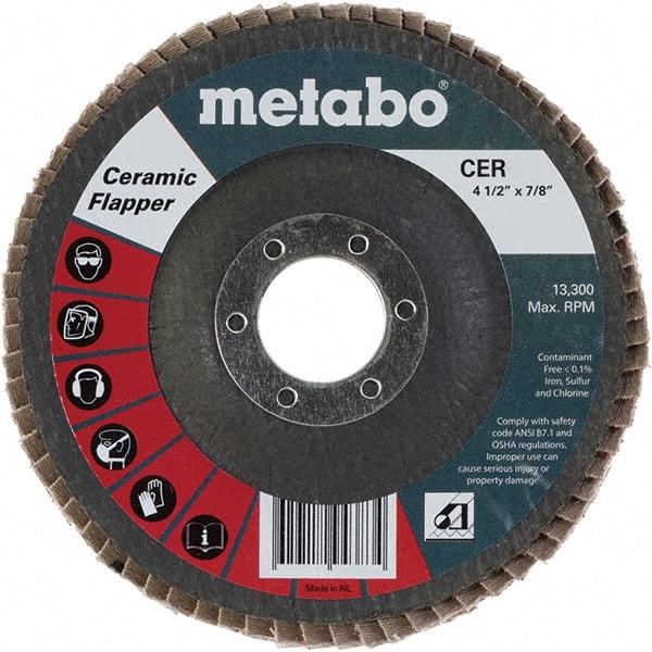 Metabo - 60 Grit, 4-1/2" Disc Diam, 7/8" Center Hole, Type 27 Ceramic Flap Disc - 13,300 Max RPM, Fiberglass Backing, Arbor Attaching System, Coated - USA Tool & Supply