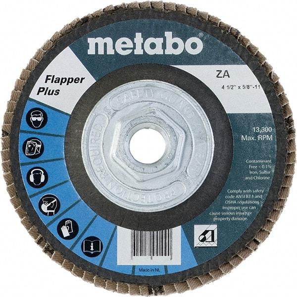 Metabo - 80 Grit, 4-1/2" Disc Diam, 5/8-11 Center Hole, Type 29 Zirconia Alumina Flap Disc - 13,300 Max RPM, Fiberglass Backing, Arbor Attaching System, Coated - USA Tool & Supply