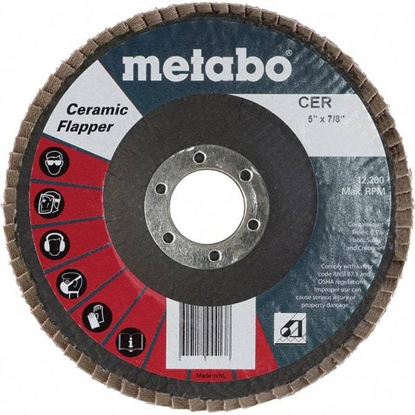 Metabo - 80 Grit, 5" Disc Diam, 7/8" Center Hole, Type 29 Ceramic Flap Disc - 12,200 Max RPM, Fiberglass Backing, Arbor Attaching System, Coated - USA Tool & Supply