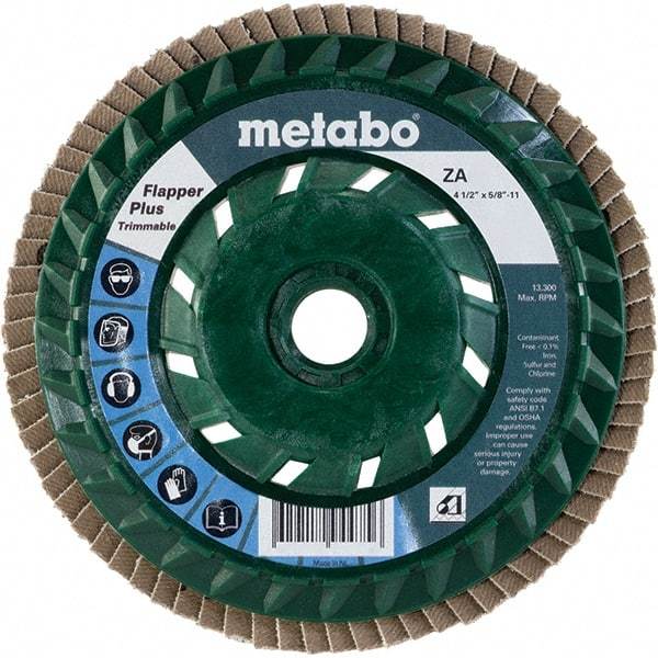 Metabo - 40 Grit, 4-1/2" Disc Diam, 5/8-11 Center Hole, Type 29 Zirconia Alumina Flap Disc - 13,300 Max RPM, Plastic Backing, Arbor Attaching System, Coated - USA Tool & Supply