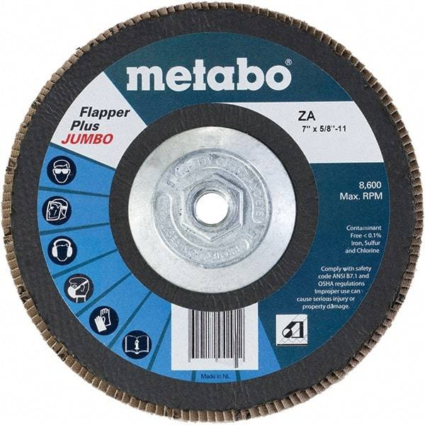 Metabo - 60 Grit, 7" Disc Diam, 5/8-11 Center Hole, Type 29 Zirconia Alumina Flap Disc - 8,600 Max RPM, Fiberglass Backing, Arbor Attaching System, Coated - USA Tool & Supply