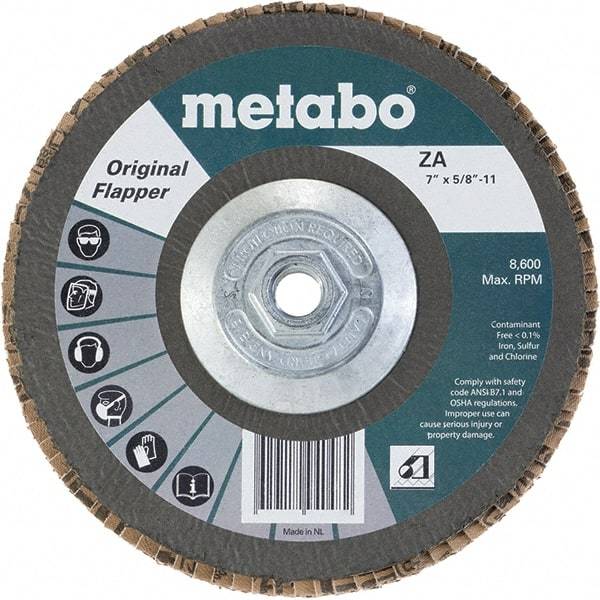 Metabo - 40 Grit, 7" Disc Diam, 5/8-11 Center Hole, Type 29 Zirconia Alumina Flap Disc - 8,600 Max RPM, Fiberglass Backing, Arbor Attaching System, Coated - USA Tool & Supply