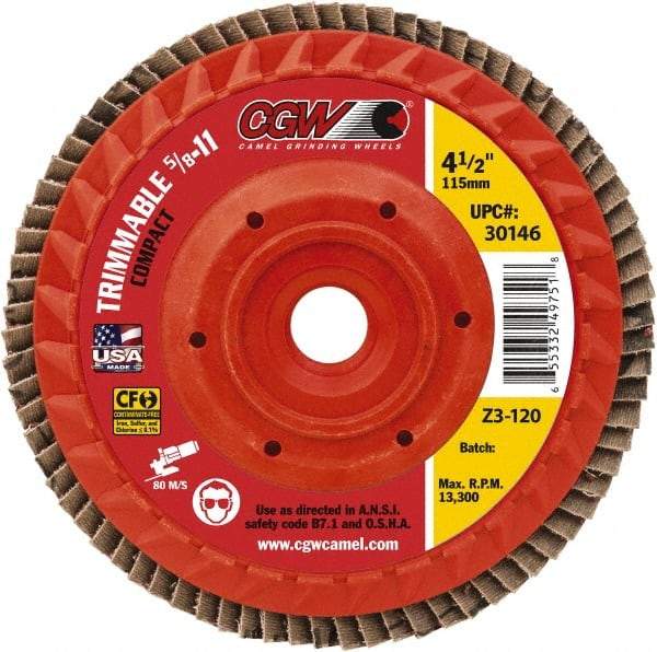 Camel Grinding Wheels - 40 Grit, 4-1/2" Disc Diam, 5/8-11 Center Hole, Compact Ceramic Flap Disc - 13,300 Max RPM, Cloth Backing, Arbor Attaching System, Coated - USA Tool & Supply