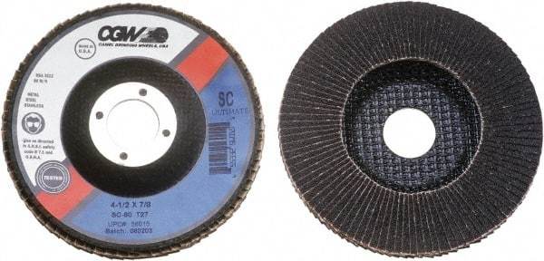 Camel Grinding Wheels - 60 Grit, 4-1/2" Disc Diam, 7/8" Center Hole, Type 27 Silicon Carbide Flap Disc - 13,300 Max RPM, Polyester Backing, Arbor Attaching System, Coated - USA Tool & Supply