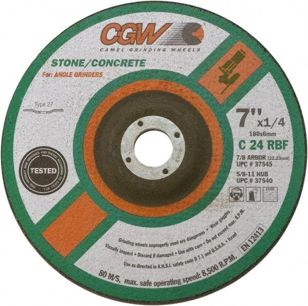 Camel Grinding Wheels - 24 Grit, 9" Wheel Diam, 1/4" Wheel Thickness, 7/8" Arbor Hole, Type 27 Depressed Center Wheel - Coarse Grade, Silicon Carbide, Resinoid Bond, 6,650 Max RPM - USA Tool & Supply