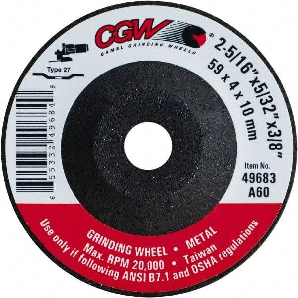 Camel Grinding Wheels - 60 Grit, 2-5/16" Wheel Diam, 5/32" Wheel Thickness, 3/8" Arbor Hole, Type 27 Depressed Center Wheel - Medium Grade, Aluminum Oxide, Resinoid Bond, 20,000 Max RPM - USA Tool & Supply