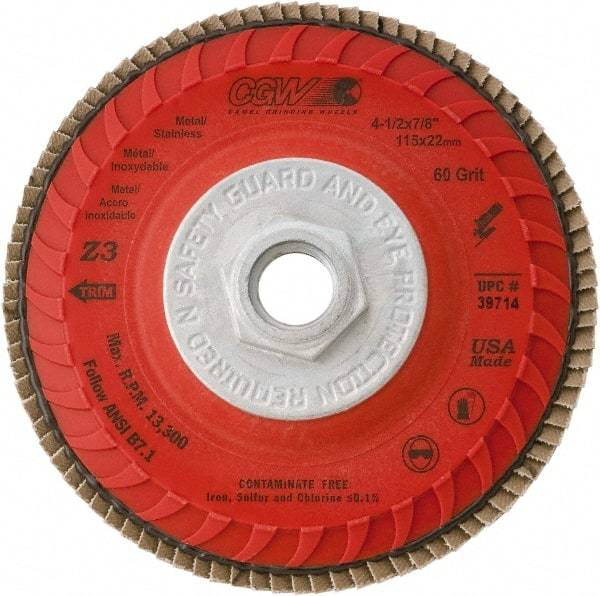 Camel Grinding Wheels - 120 Grit, 4-1/2" Disc Diam, 5/8-11 Center Hole, Compact Zirconia Alumina Flap Disc - 13,300 Max RPM, Poly Cotton Backing, Arbor Attaching System, Coated - USA Tool & Supply