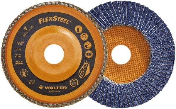 WALTER Surface Technologies - 40 Grit, 5" Disc Diam, 7/8" Center Hole, Type 27 Zirconia Alumina Flap Disc - 12,200 Max RPM, Wood Fiber Backing, Arbor Attaching System, Coated - USA Tool & Supply