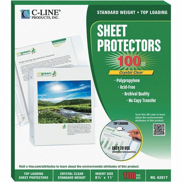 C-LINE - 100 Piece Clear Sheet Protectors-Ring Binder - 11" High x 8-1/2" Wide - USA Tool & Supply