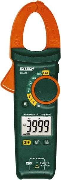 Extech - MA445, CAT III, Digital True RMS Auto Ranging Clamp Meter with Clamp On Jaws - 600 VAC/VDC, 400 AC/DC Amps, Measures Voltage, Capacitance, Continuity, Current, Frequency, Resistance, Temperature - USA Tool & Supply