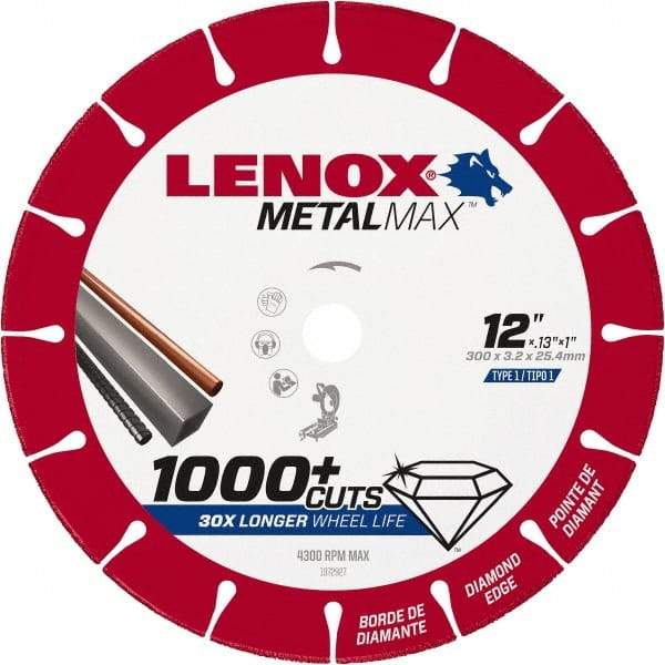 Lenox - 12" 25/30 Grit Diamond Cutoff Wheel - 0.126" Thick, 1" Arbor, 4,300 Max RPM, Use with Stationary Tools - USA Tool & Supply
