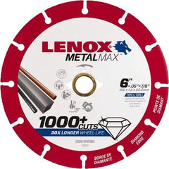 Lenox - 6" 40/50 Grit Diamond Cutoff Wheel - 0.05" Thick, 7/8" Arbor, 10,100 Max RPM, Use with Angle Grinders - USA Tool & Supply