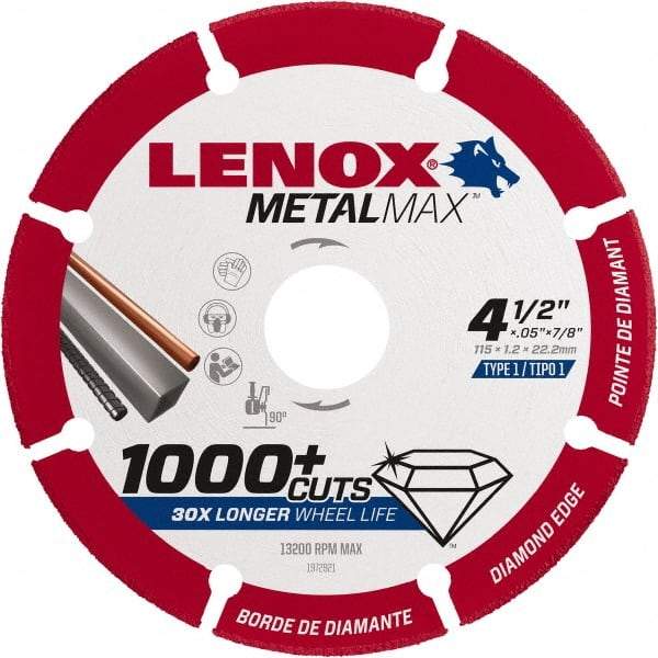 Lenox - 4-1/2" 40/50 Grit Diamond Cutoff Wheel - 0.05" Thick, 7/8" Arbor, 13,200 Max RPM, Use with Angle Grinders - USA Tool & Supply