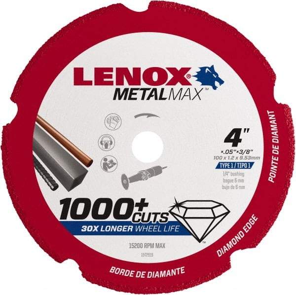 Lenox - 4" 40/50 Grit Diamond Cutoff Wheel - 0.05" Thick, 3/8" Arbor, 15,200 Max RPM, Use with Die Grinders - USA Tool & Supply