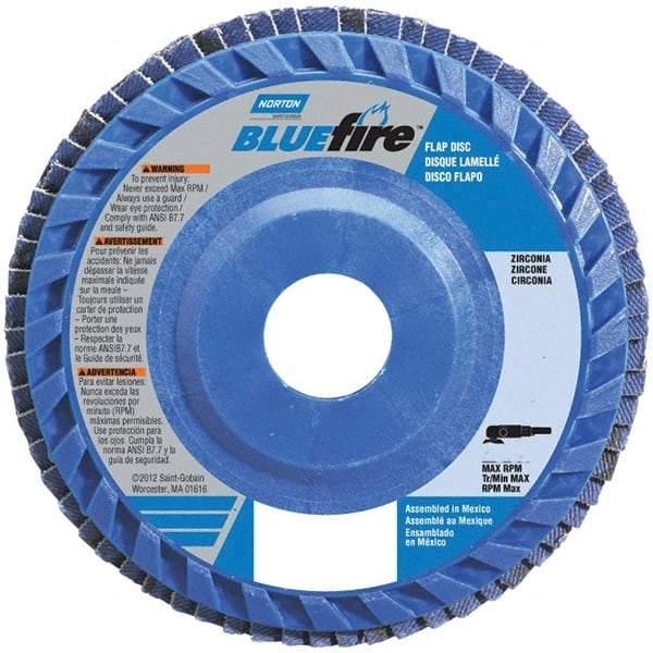 Norton - 40 Grit, 6" Disc Diam, 7/8" Center Hole, Type 27 Zirconia Alumina Flap Disc - 10,200 Max RPM, Cloth Backing, Arbor Attaching System, Coated - USA Tool & Supply