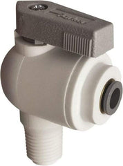 Parker - 1/8" Pipe, Full Port, Polypropylene Valve Male Elbow Ball Valve - Bi-Directional, MNPT x Push-to-Connect Ends, Wedge Handle, 150 WOG - USA Tool & Supply
