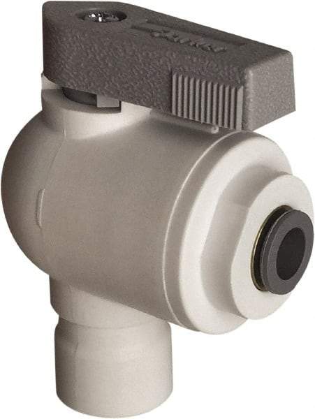 Parker - 3/8 x 1/4" Pipe, Full Port, Polypropylene Valve Elbow Union Ball Valve - Bi-Directional, Push-to-Connect x Push-to-Connect Ends, Wedge Handle, 150 WOG - USA Tool & Supply