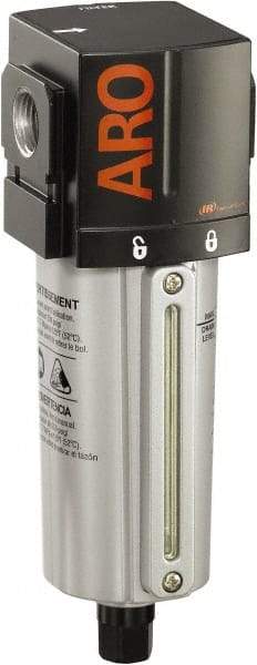 ARO/Ingersoll-Rand - 3/8" Port, 7.913" High x 2.874" Wide Standard Filter with Metal Bowl, Automatic Drain - 156 SCFM, 250 Max psi, 175°F Max Temp, Sight Glass Included, Modular Connection, 2.8 oz Bowl Capacity - USA Tool & Supply