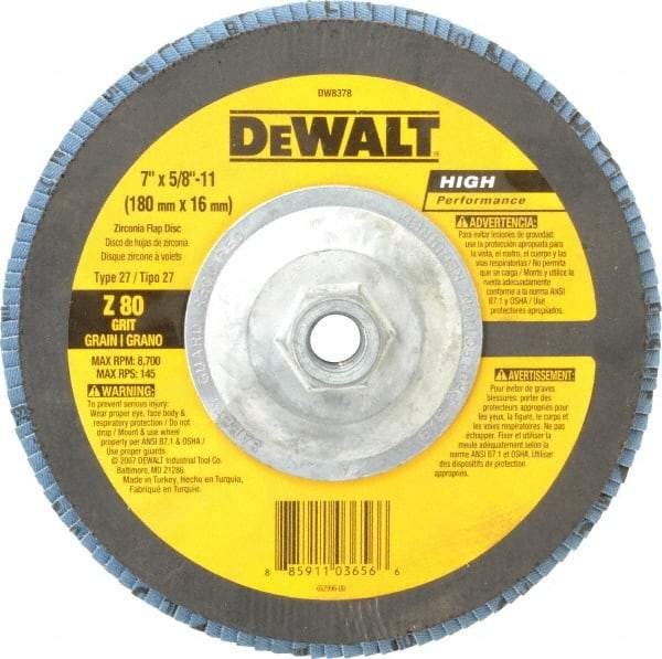 DeWALT - 80 Grit, 7" Disc Diam, 5/8-11 Center Hole, Type 27 Zirconia Alumina Flap Disc - 8,700 Max RPM, Fiberglass Backing, Arbor Attaching System, Coated - USA Tool & Supply