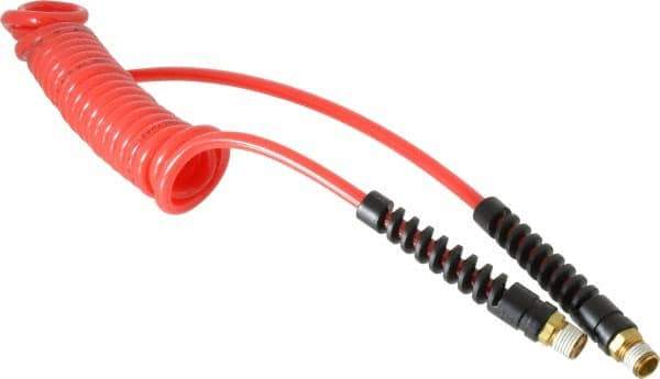 PRO-SOURCE - 3/16" ID, 1/4 Thread, 10' Long, Red Polyurethane Coiled & Self Storing Hose - 147 Max psi, Male Swivel x Male Swivel - USA Tool & Supply
